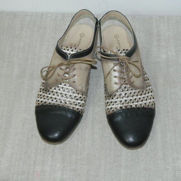 Unity In Diversity Oxford Black Gold Metallic Open Back Flats  Size 39  U.S. 8.5 - Picture 3 of 13